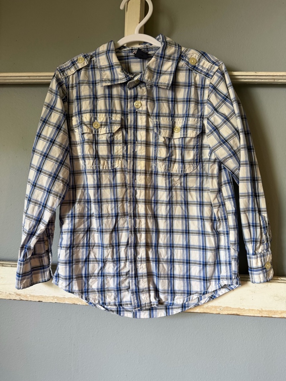 GAP Baby Plaid Button-Down Shirt in Blue and White